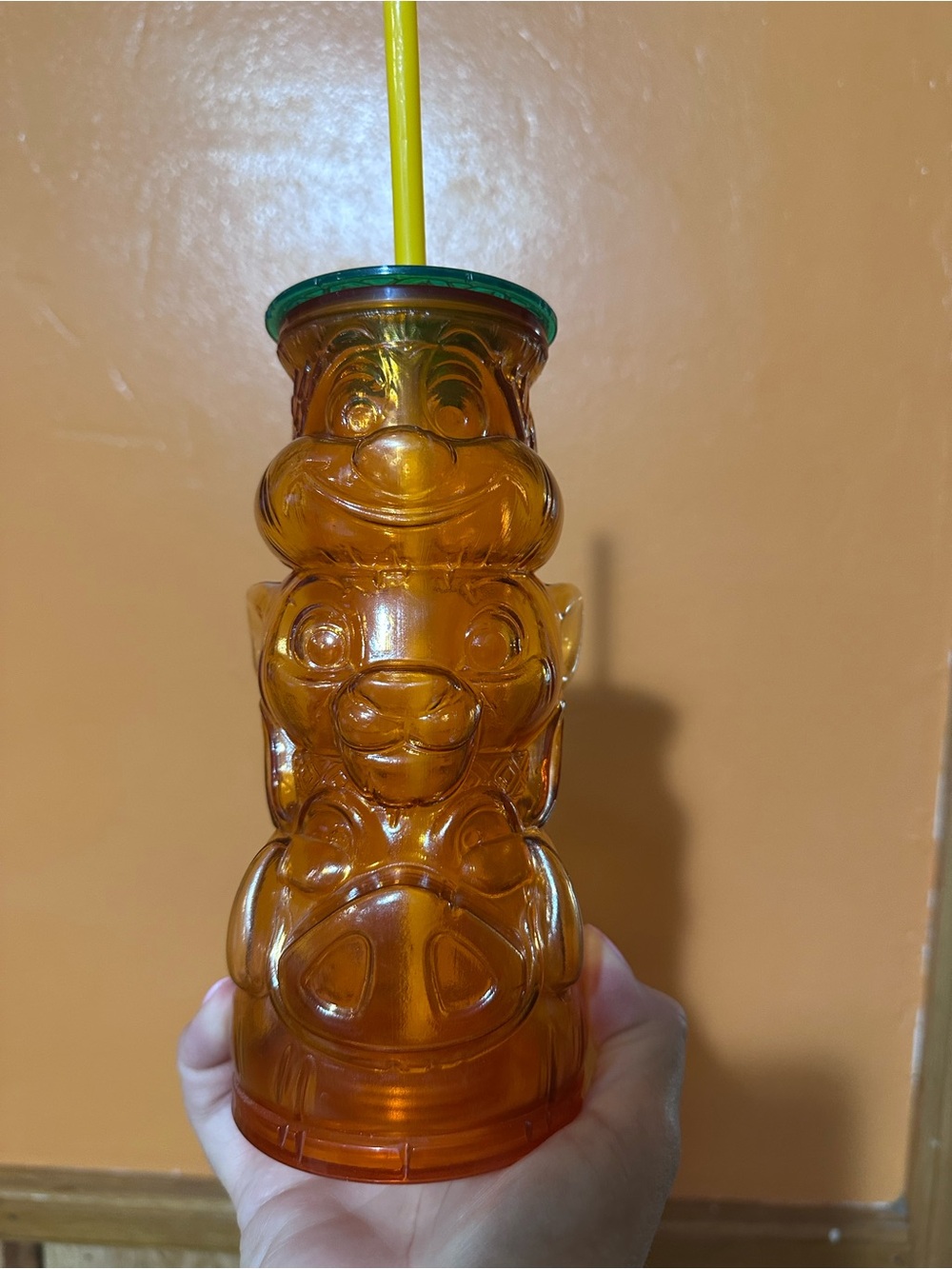 Disney Amber Stackable Character Tiki Cup with Green Rim and Yellow Straw